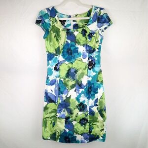 Byer California Floral Print Dress 6 7 S Green Blue Career Workwear Office Siren
